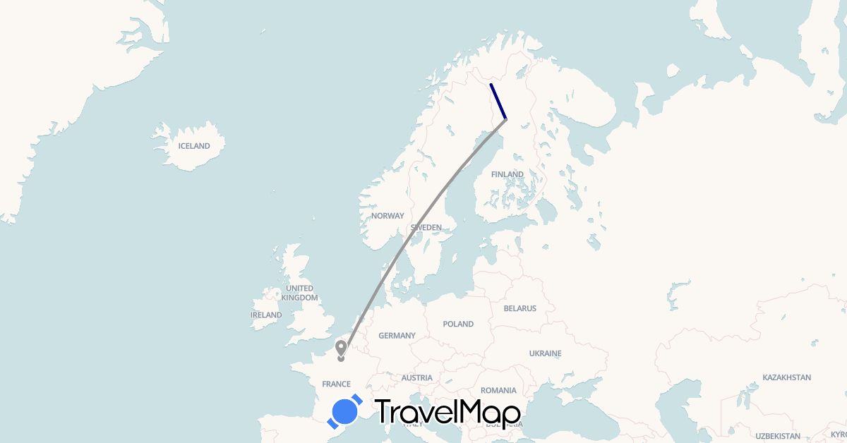 TravelMap itinerary: driving, plane in Finland, France (Europe)